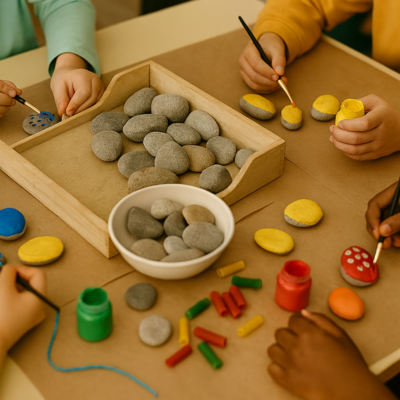 Infants pintat pedres Fundesplai Mans d'infants pintant pedres de colors